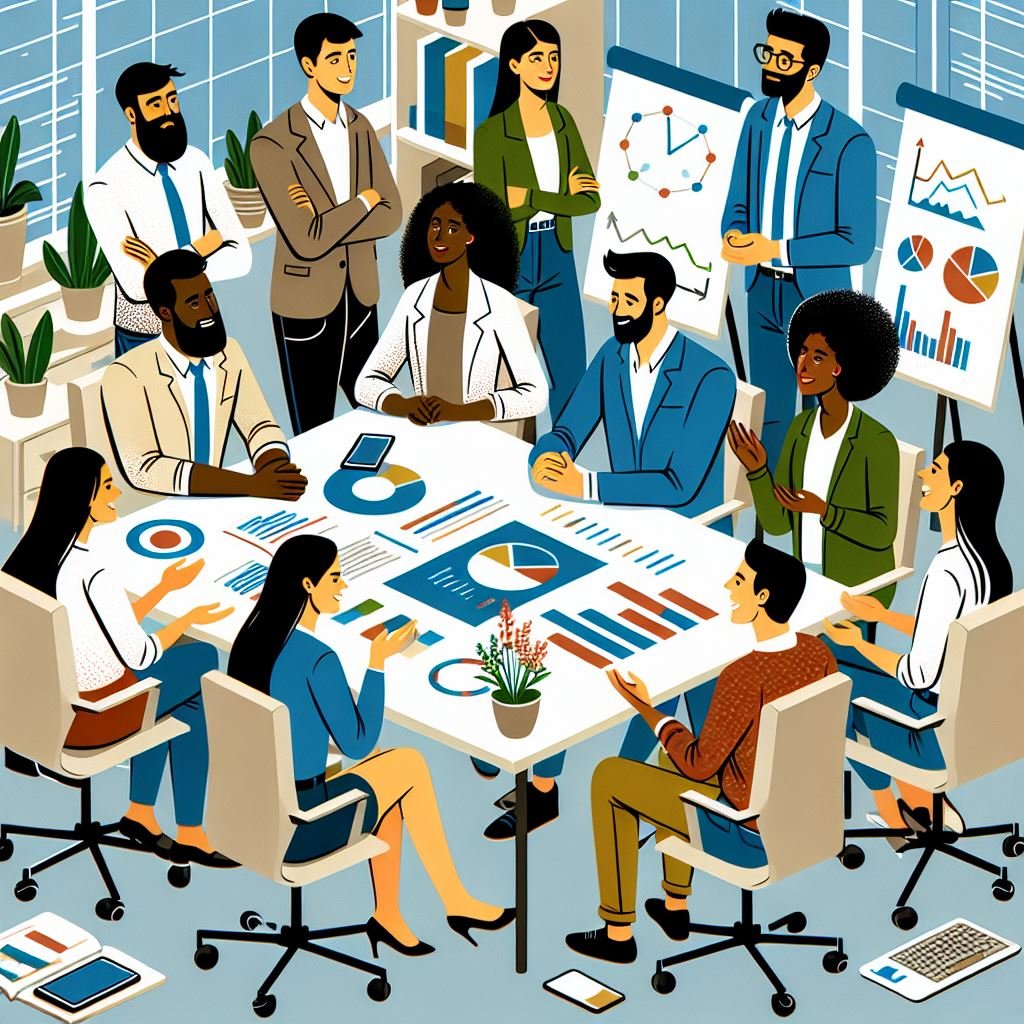 a group gather around a table to discuses employee success factors