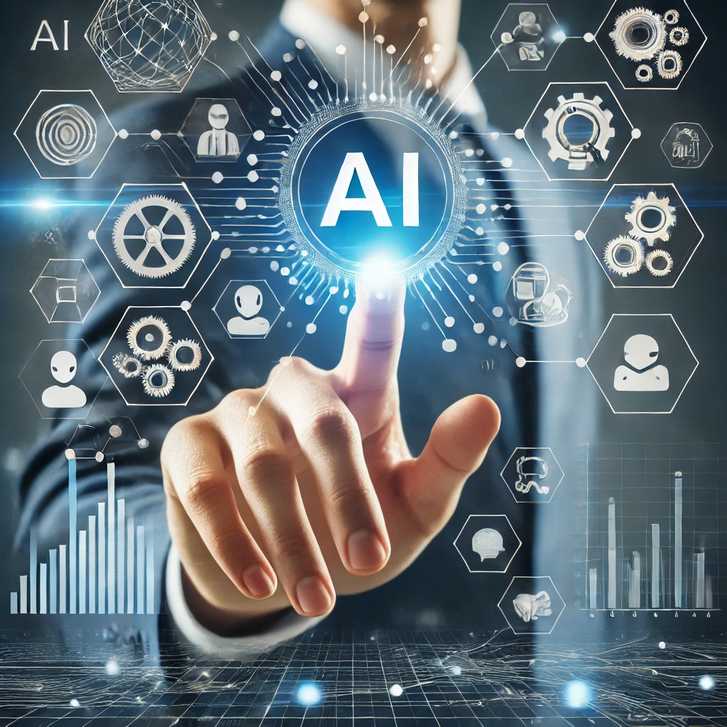 A professional image illustrating strategies for business process automation. A robotic hand interacts with a holographic display showing interconnected flowcharts, gears, and AI icons, symbolizing automation strategies