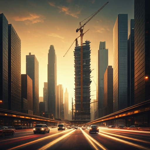 An abstract depiction of a futuristic city with AI-powered construction and traffic management.