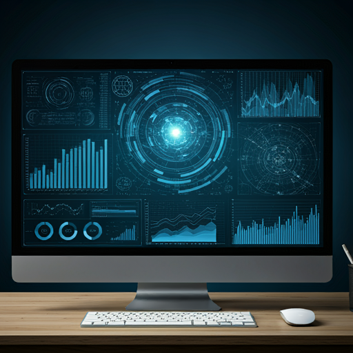 A collage of data visualizations, machine learning algorithms, and computer-generated scenarios on a modern flat-screen monitor