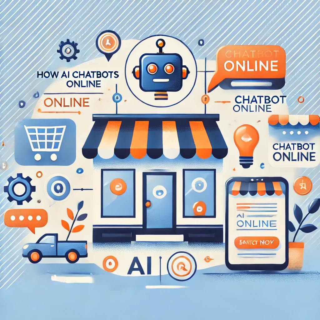 A vibrant and modern illustration of a small storefront with AI chatbot elements, such as speech bubbles and digital tools, symbolizing online transformation for small businesses.