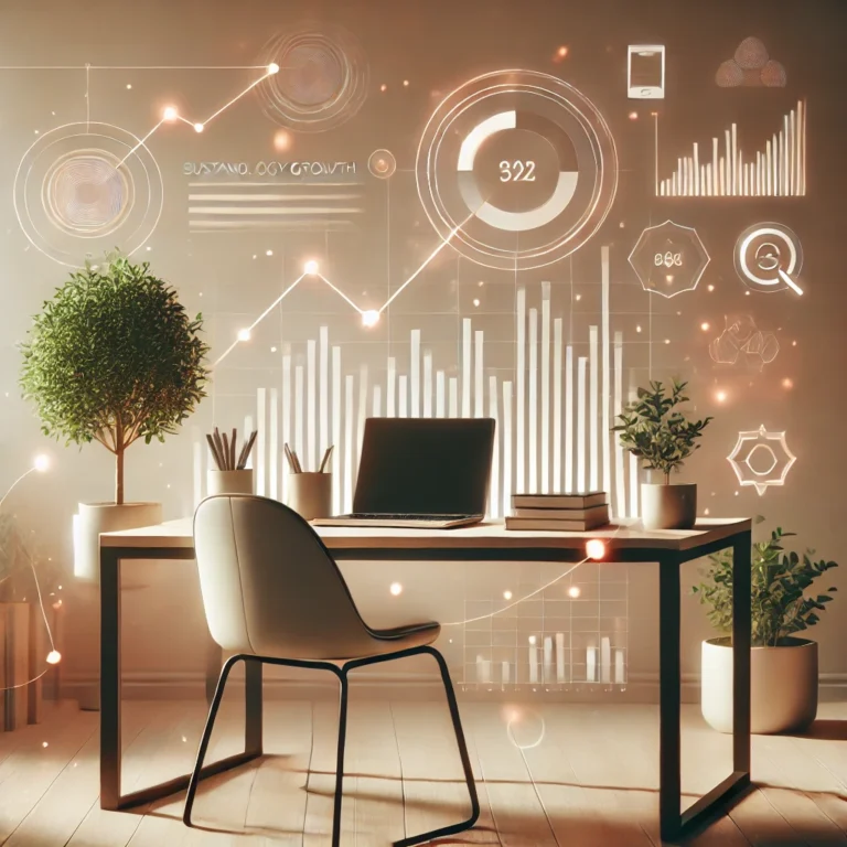 Digital illustration of a small business office with a desk, laptop, and plant, symbolizing sustainable growth and technology integration for small businesses