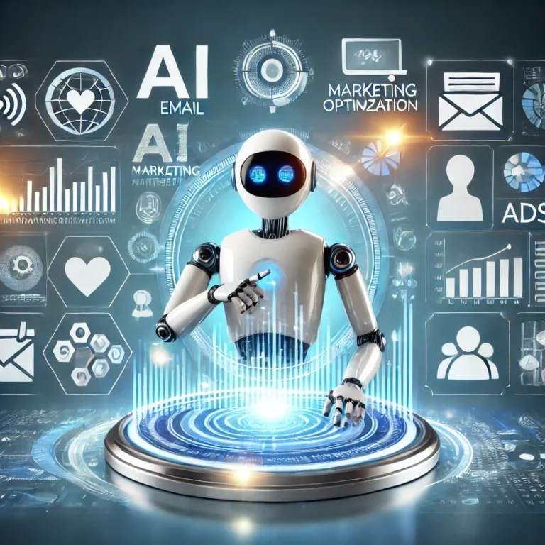 A futuristic AI interacting with digital marketing data, charts, and graphs on a glowing interface, surrounded by icons representing email, social media, and customer profiles, symbolizing AI-powered marketing optimization