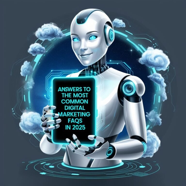 A futuristic, high-tech illustration depicting a sleek, silver robotic figure surrounded by swirling digital clouds and glowing blue circuits, holding a futuristic tablet with a bright, holographic display showcasing the title "Answers to the Most Common Digital Marketing FAQs in 2025" in bold, neon-lit, sans-serif font, with the background fading into a deep, starry night sky, symbolizing the ever-evolving digital landscape, and the robot's face featuring bright, shining blue eyes, and a subtle, knowing smile, conveying a sense of innovation and expertise.