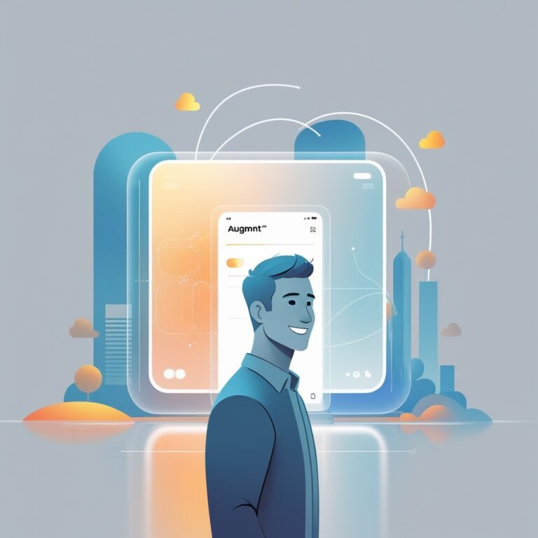 a small business owner standing next to futuristic mobile app that is handled by augment ai