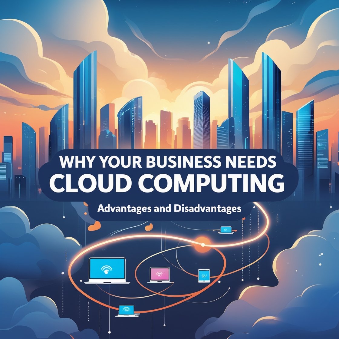 many devices connected through cloud with a title of "why your business needs cloud computing advantages and disadvantages" with a background of futuristic city